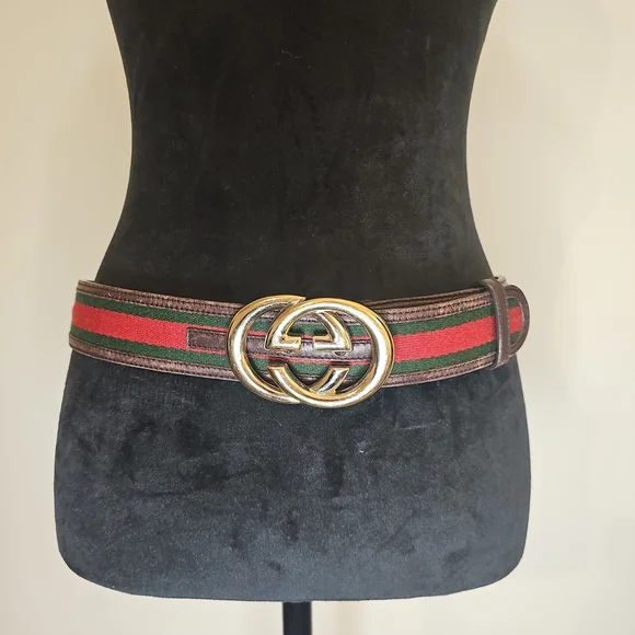 Gucci Women's Leather And Canvas Belt with Red and Green Stripes Vintage - Picture 3 of 11